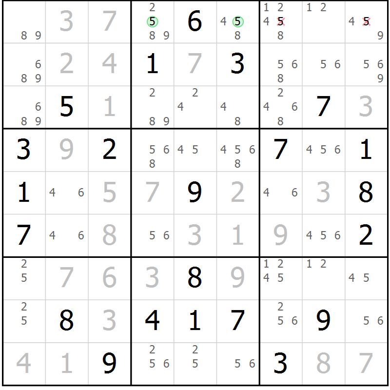 Position des candidats pour la solution de la Gr 7 page 10 du magazine de sudoku Virtuose n° 109