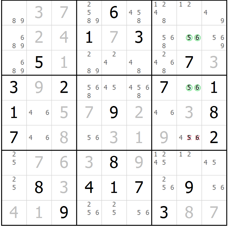 Position des candidats pour la solution de la Gr 7 page 10 du magazine de sudoku Virtuose n° 109