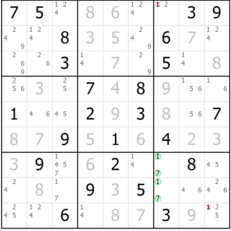 Position des candidats pour la solution de la Gr 70 page 73 du magazine de sudoku Virtuose n° 109
