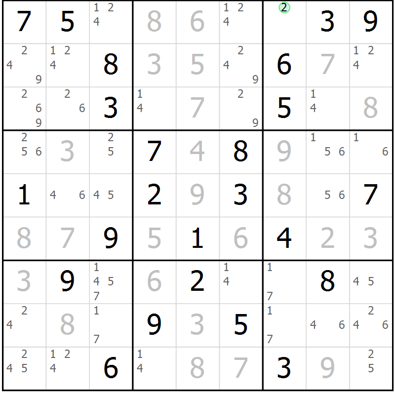 Position des candidats pour la solution de la Gr 70 page 73 du magazine de sudoku Virtuose n° 109