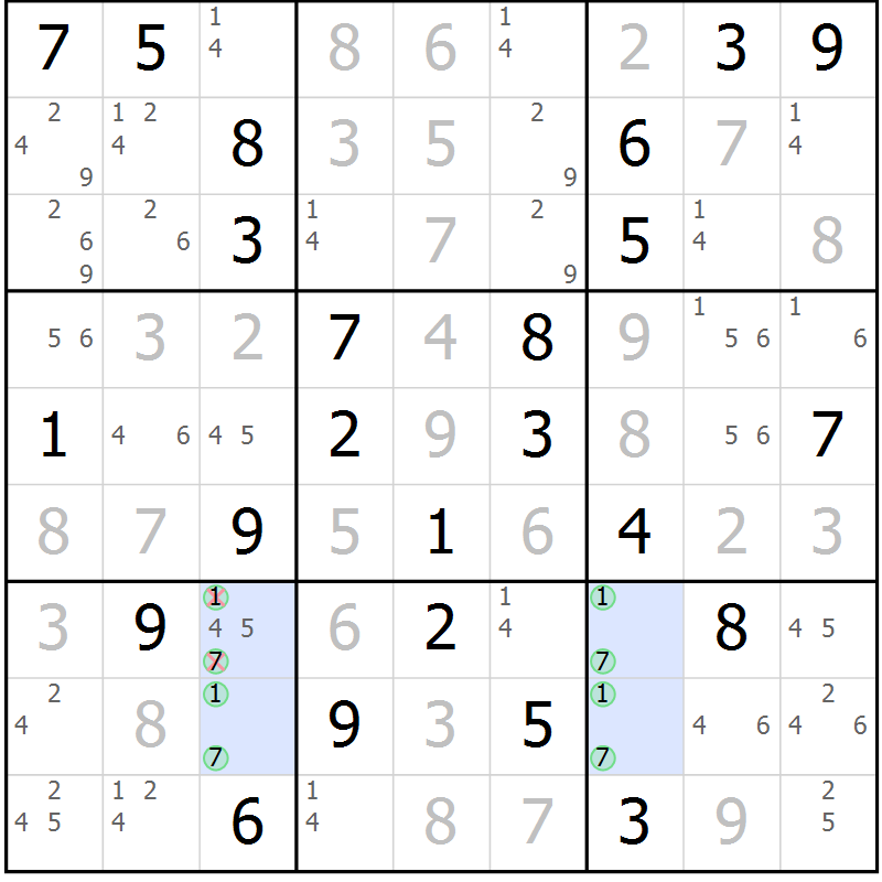 Position des candidats pour la solution de la Gr 70 page 73 du magazine de sudoku Virtuose n° 109