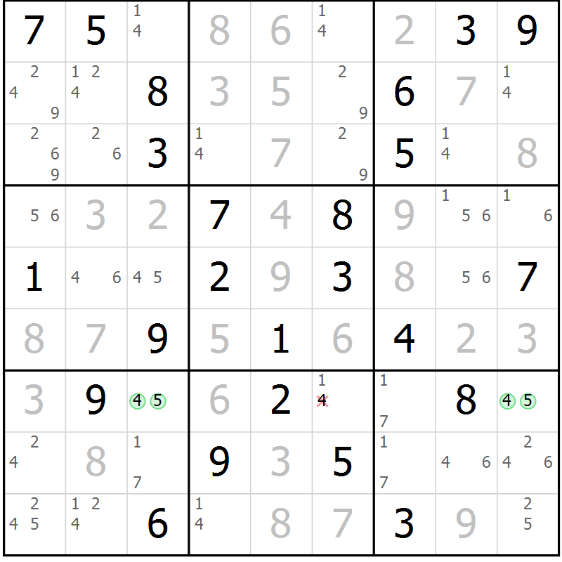 Position des candidats pour la solution de la Gr 70 page 73 du magazine de sudoku Virtuose n° 109