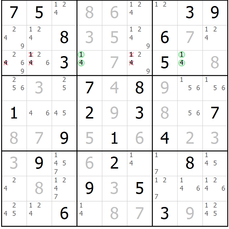 Position des candidats pour la solution de la Gr 70 page 73 du magazine de sudoku Virtuose n° 109