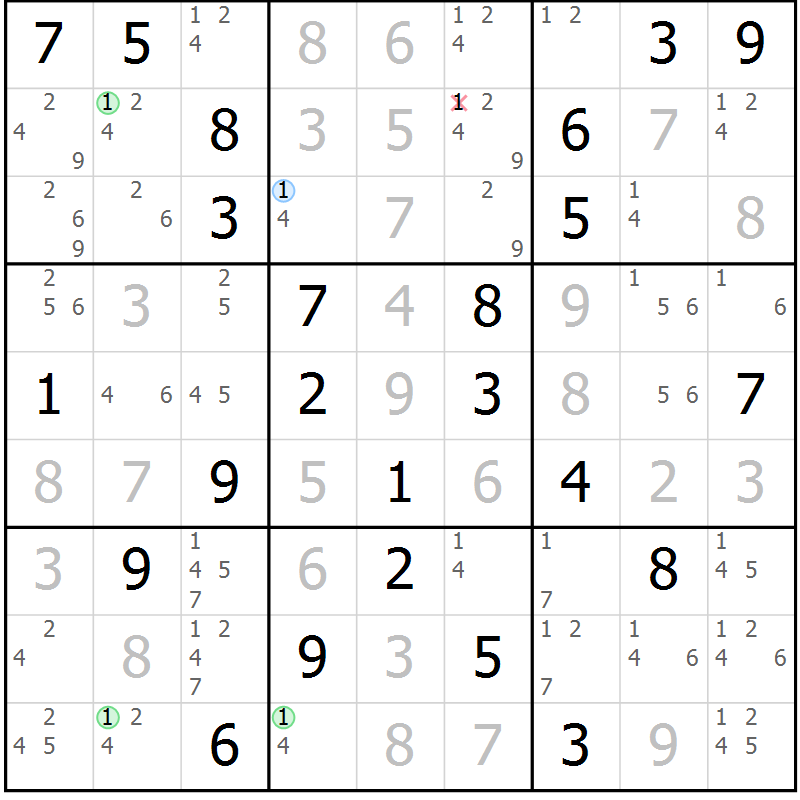 Position des candidats pour la solution de la Gr 70 page 73 du magazine de sudoku Virtuose n° 109