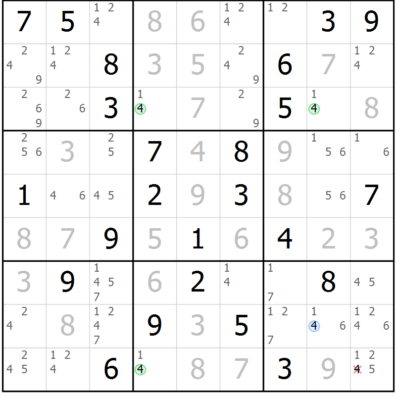 Position des candidats pour la solution de la Gr 70 page 73 du magazine de sudoku Virtuose n° 109