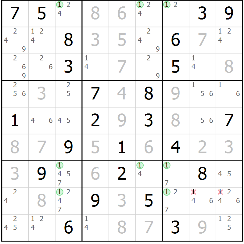 Position des candidats pour la solution de la Gr 70 page 73 du magazine de sudoku Virtuose n° 109
