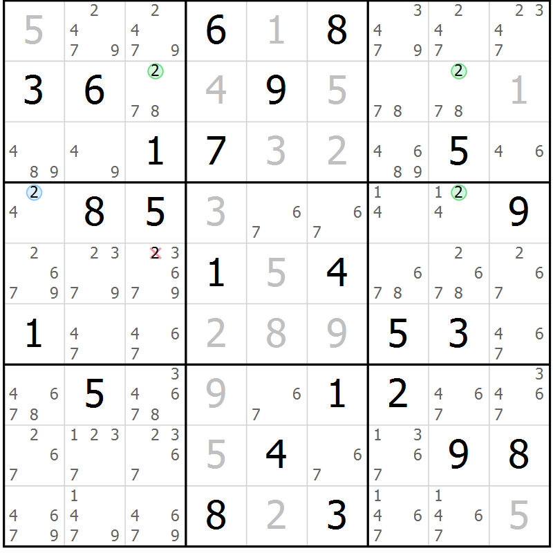 Position des candidats pour la solution de la Gr 71 page 74 du magazine de sudoku Virtuose n° 109