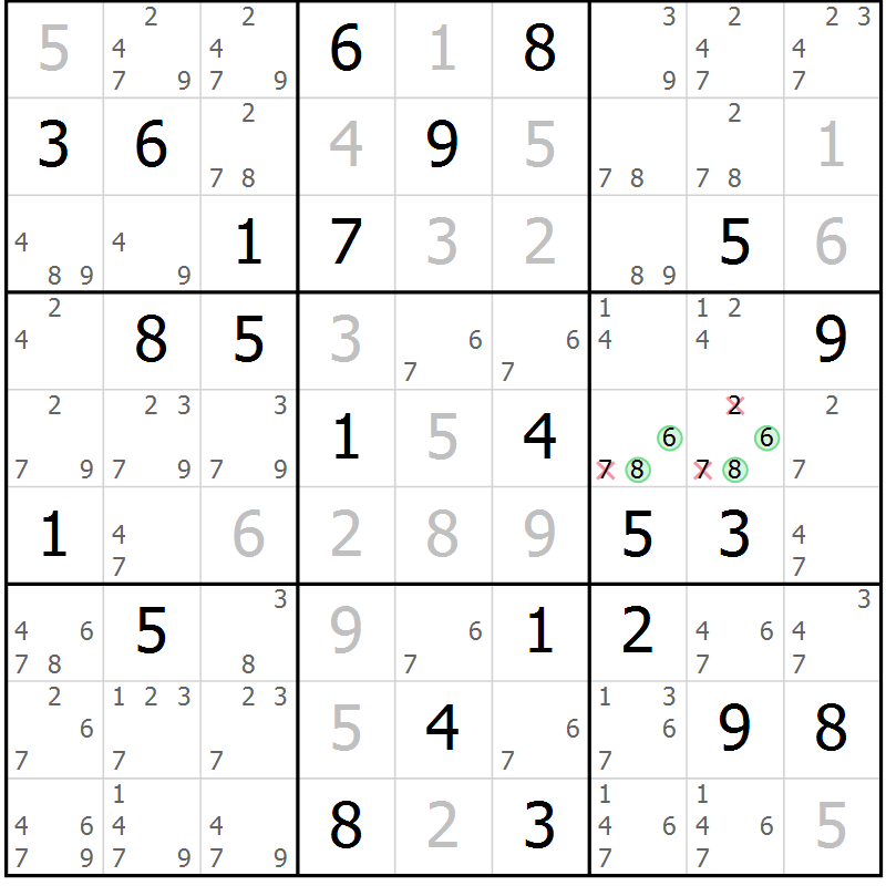 Position des candidats pour la solution de la Gr 71 page 74 du magazine de sudoku Virtuose n° 109