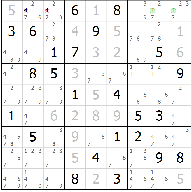 Position des candidats pour la solution de la Gr 71 page 74 du magazine de sudoku Virtuose n° 109