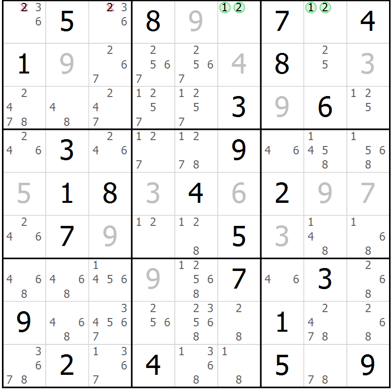 Position des candidats pour la solution de la Gr 72 page 75 du magazine de sudoku Virtuose n° 109