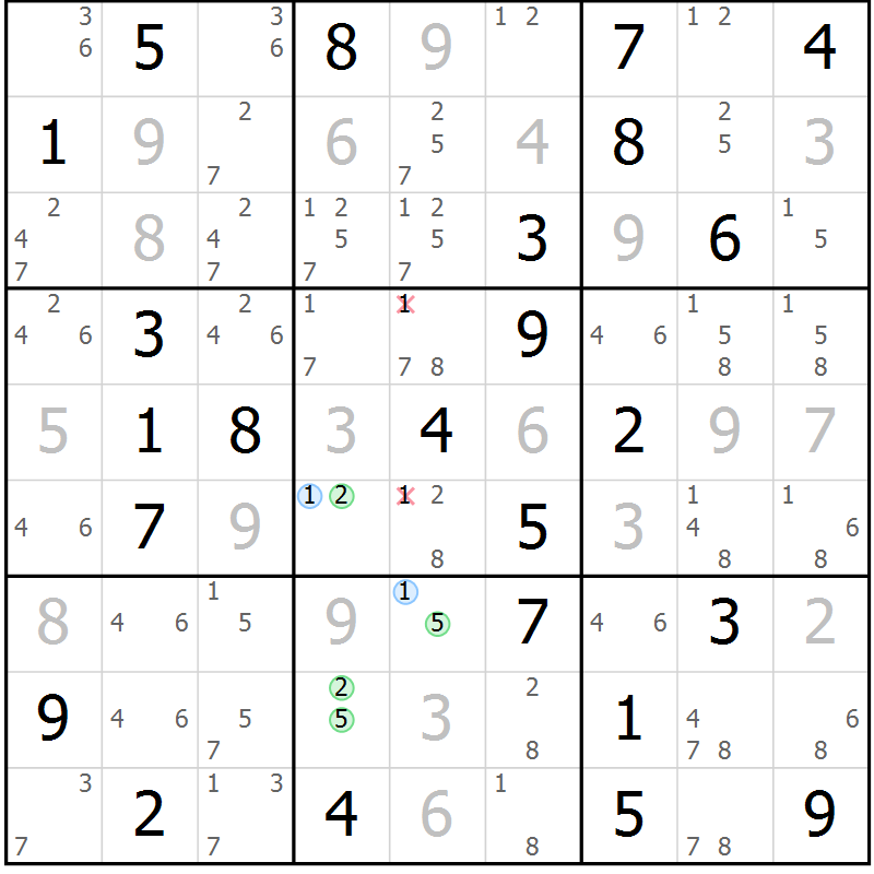 Position des candidats pour la solution de la Gr 72 page 75 du magazine de sudoku Virtuose n° 109