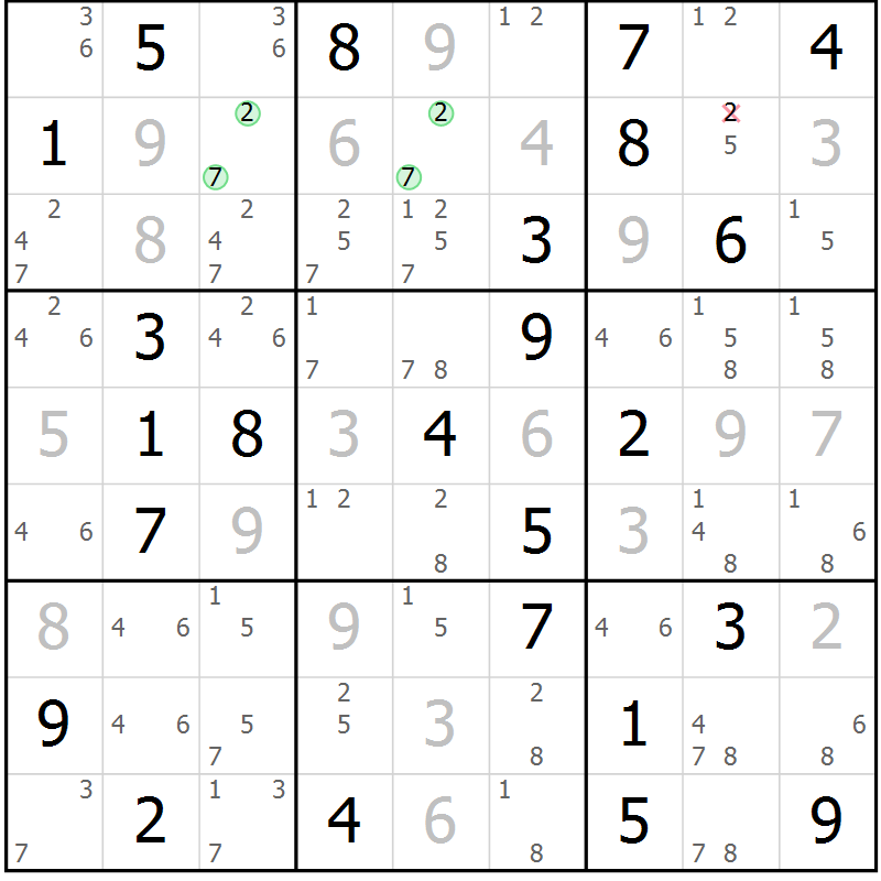 Position des candidats pour la solution de la Gr 72 page 75 du magazine de sudoku Virtuose n° 109