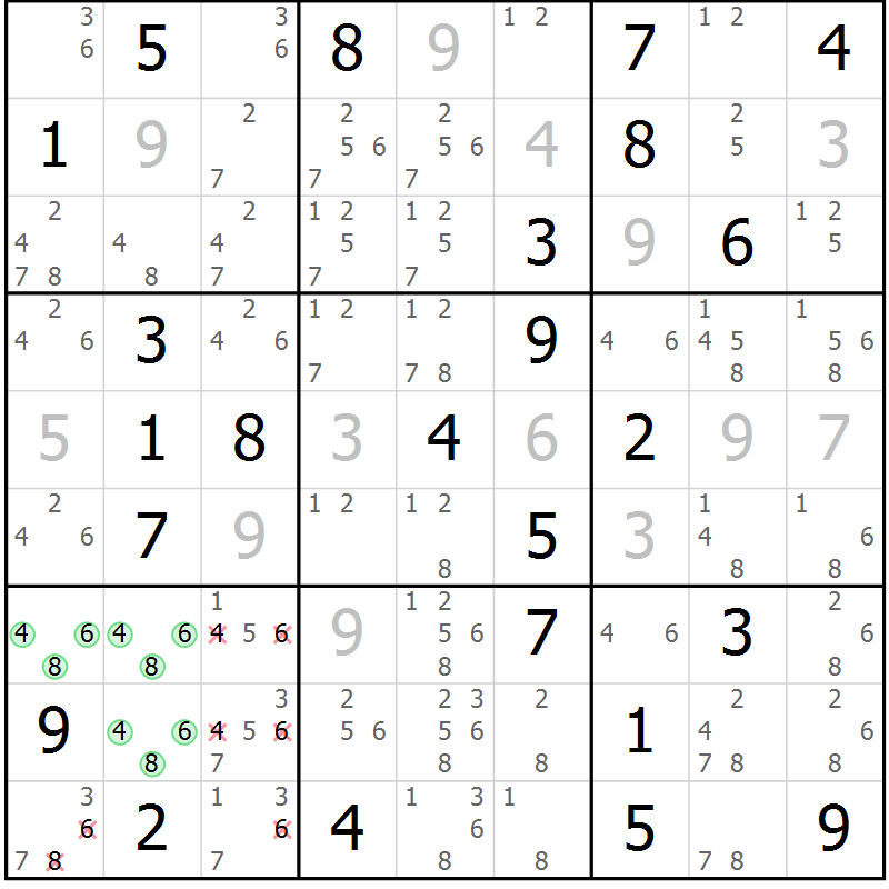 Position des candidats pour la solution de la Gr 72 page 75 du magazine de sudoku Virtuose n° 109