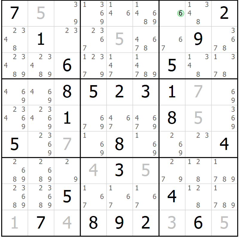 Position des candidats pour la solution de la Gr 73 page 76 du magazine de sudoku Virtuose n° 109