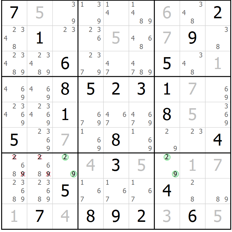 Position des candidats pour la solution de la Gr 73 page 76 du magazine de sudoku Virtuose n° 109