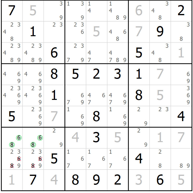 Position des candidats pour la solution de la Gr 73 page 76 du magazine de sudoku Virtuose n° 109
