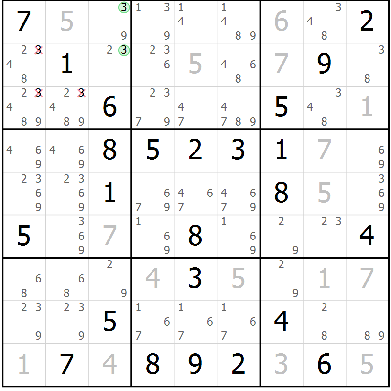 Position des candidats pour la solution de la Gr 73 page 76 du magazine de sudoku Virtuose n° 109