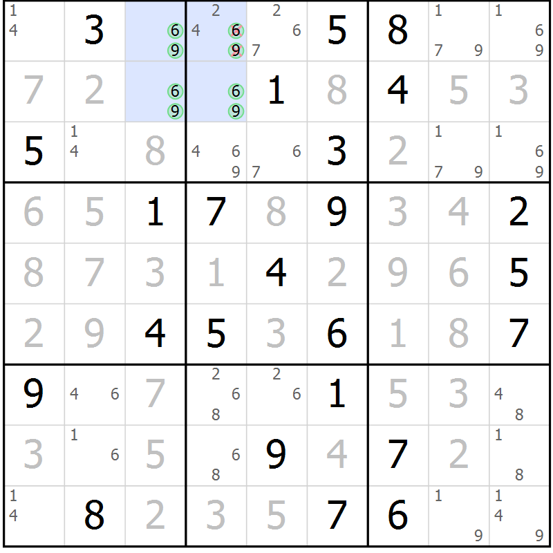 Position des candidats pour la solution de la Gr 74 page 77 du magazine de sudoku Virtuose n° 109