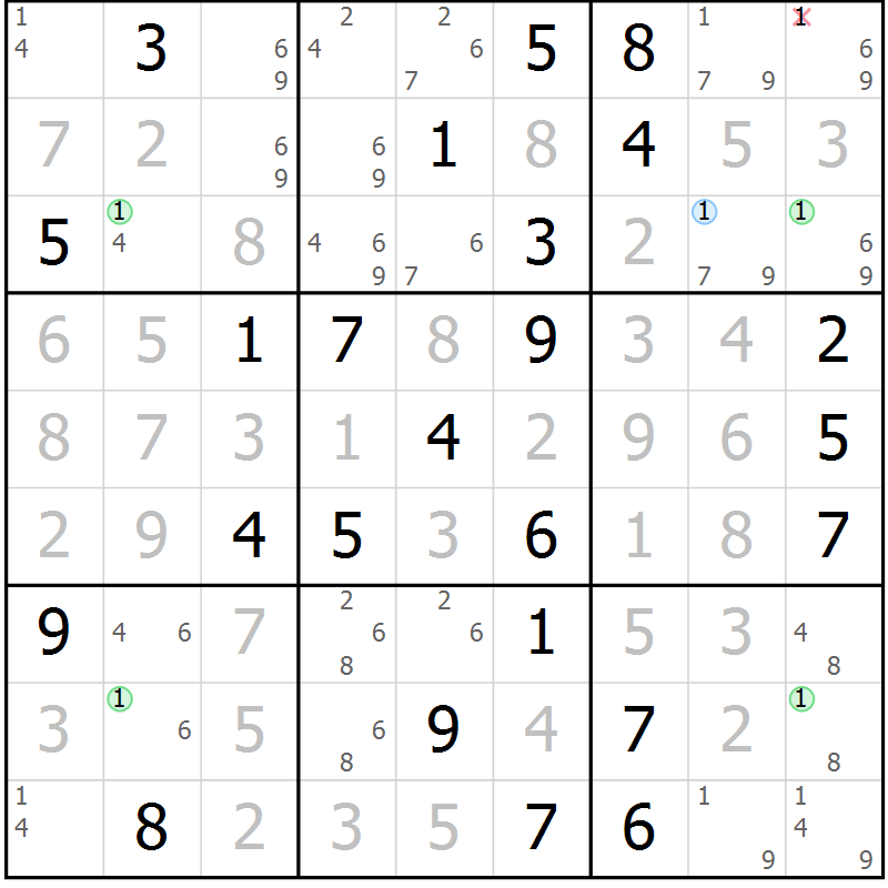 Position des candidats pour la solution de la Gr 74 page 77 du magazine de sudoku Virtuose n° 109