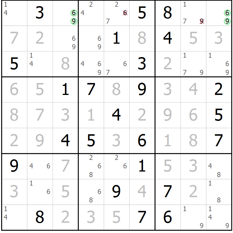 Position des candidats pour la solution de la Gr 74 page 77 du magazine de sudoku Virtuose n° 109
