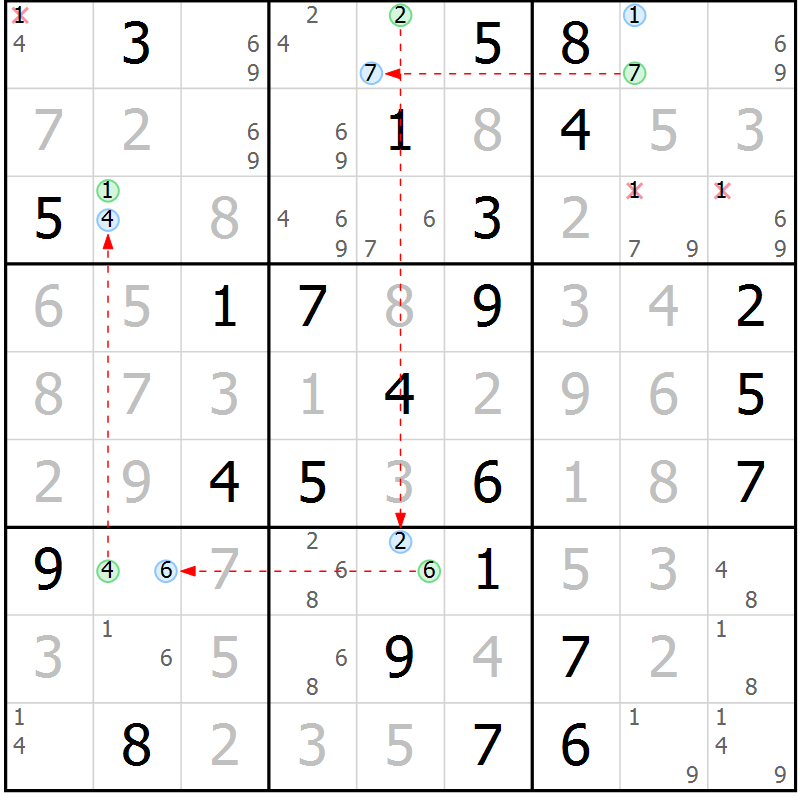 Position des candidats pour la solution de la Gr 74 page 77 du magazine de sudoku Virtuose n° 109