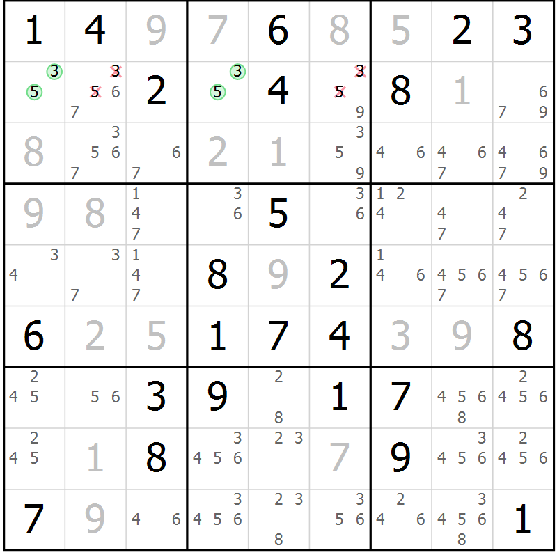 Position des candidats pour la solution de la Gr 75 page 78 du magazine de sudoku Virtuose n° 109