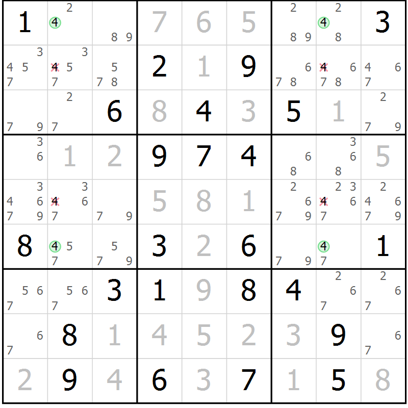 Position des candidats pour la solution de la Gr 77 page 80 du magazine de sudoku Virtuose n° 109