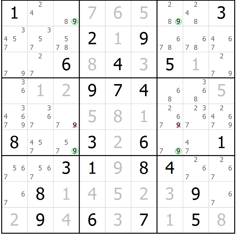 Position des candidats pour la solution de la Gr 77 page 80 du magazine de sudoku Virtuose n° 109