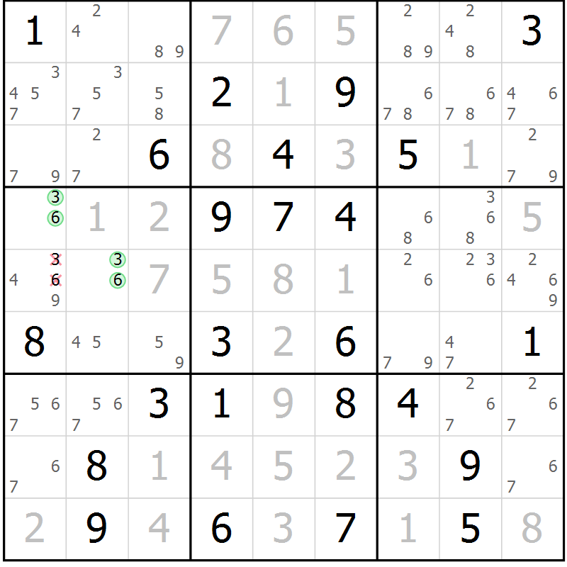Position des candidats pour la solution de la Gr 77 page 80 du magazine de sudoku Virtuose n° 109