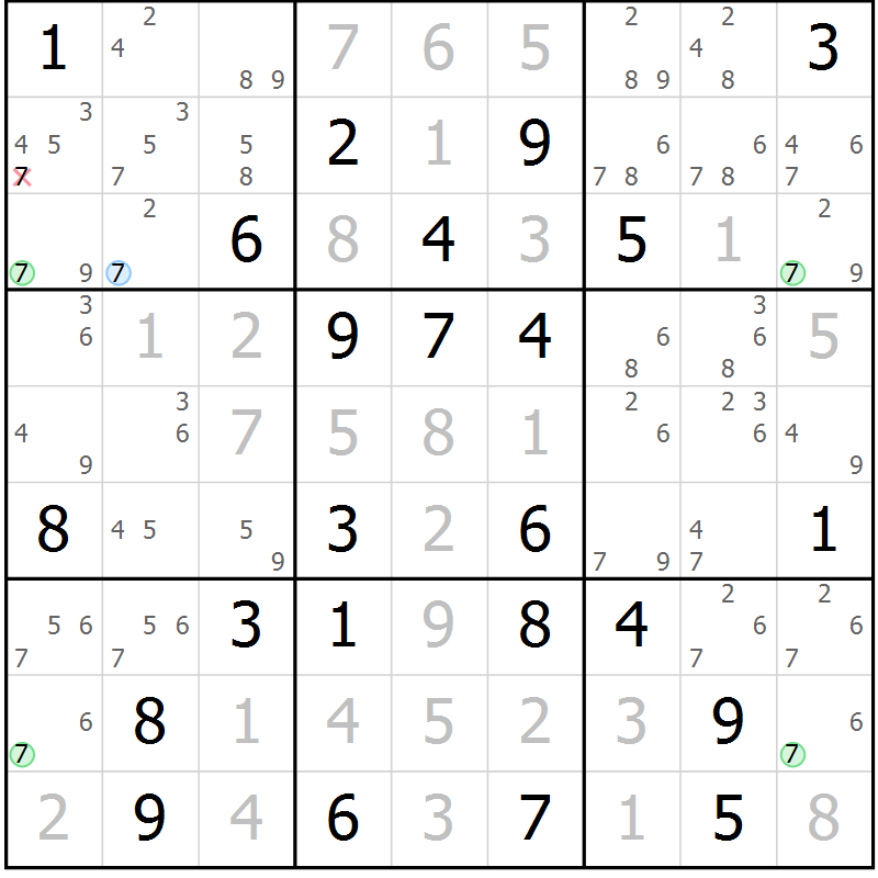 Position des candidats pour la solution de la Gr 77 page 80 du magazine de sudoku Virtuose n° 109