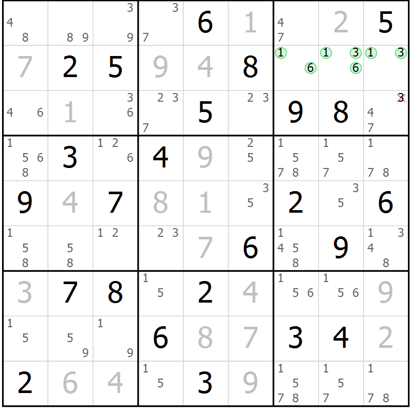 Position des candidats pour la solution de la Gr 78 page 81 du magazine de sudoku Virtuose n° 109
