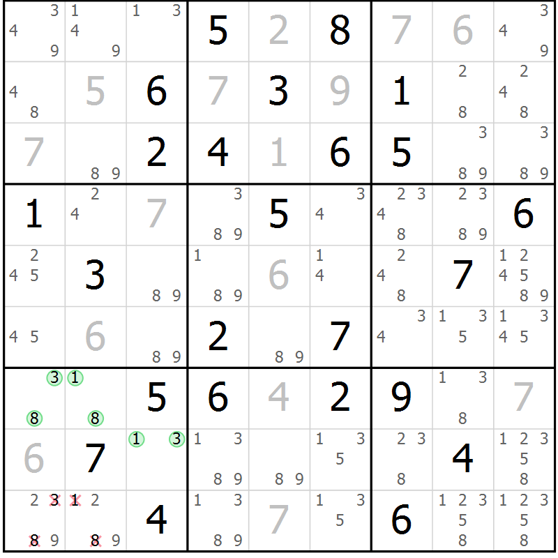 Position des candidats pour la solution de la Gr 79 page 82 du magazine de sudoku Virtuose n° 109