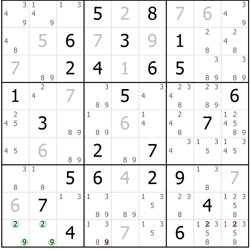 Position des candidats pour la solution de la Gr 79 page 82 du magazine de sudoku Virtuose n° 109