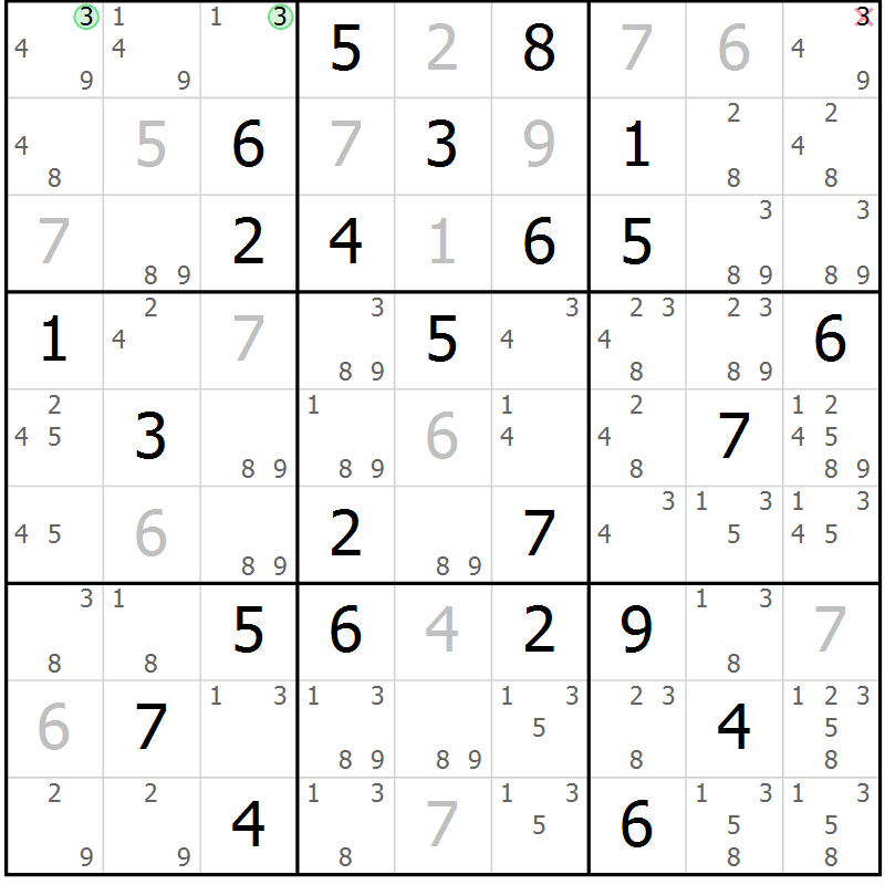 Position des candidats pour la solution de la Gr 79 page 82 du magazine de sudoku Virtuose n° 109