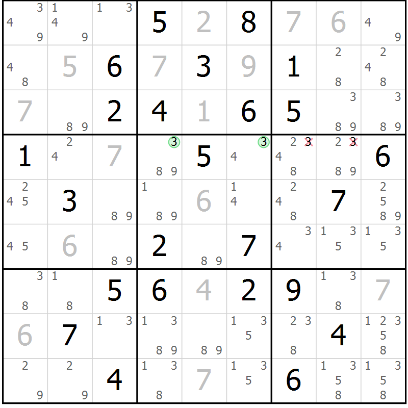 Position des candidats pour la solution de la Gr 79 page 82 du magazine de sudoku Virtuose n° 109
