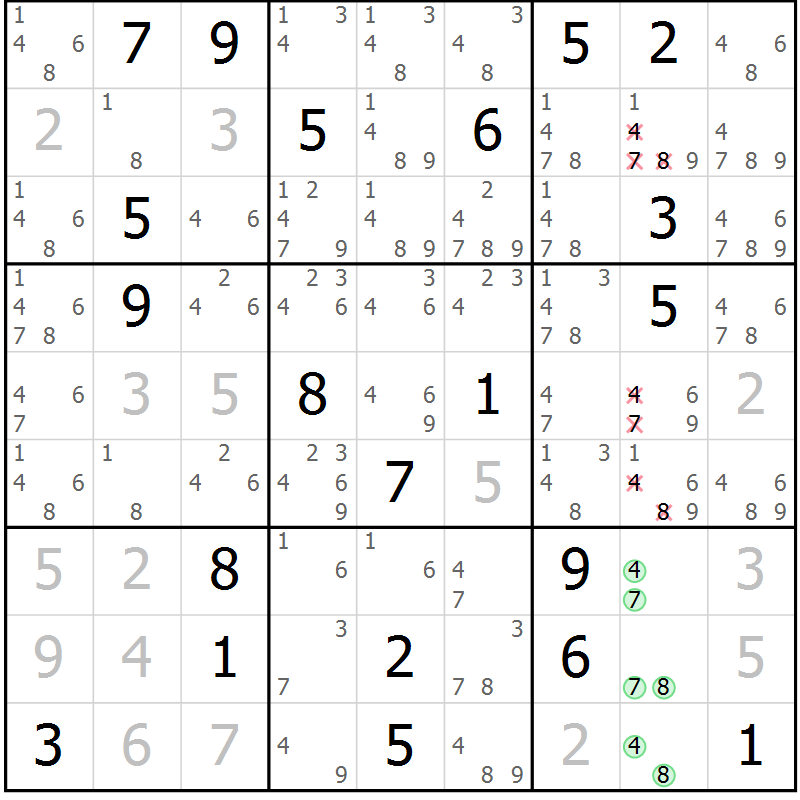 Position des candidats pour la solution de la Gr 8 page 11 du magazine de sudoku Virtuose n° 109