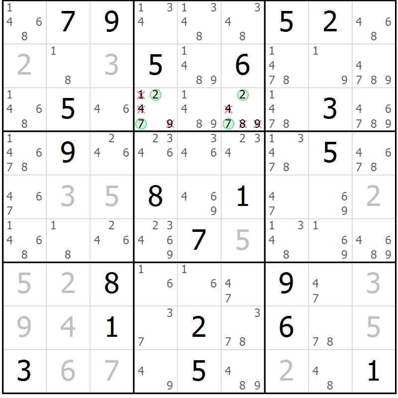 Position des candidats pour la solution de la Gr 8 page 11 du magazine de sudoku Virtuose n° 109