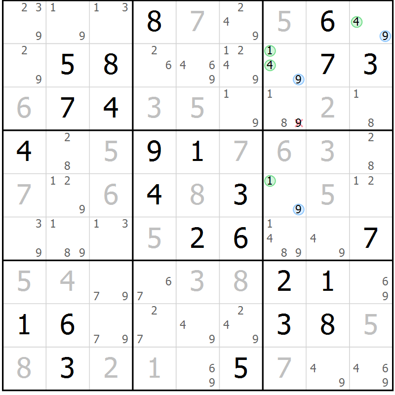 Position des candidats pour la solution de la Gr 80 page 83 du magazine de sudoku Virtuose n° 109