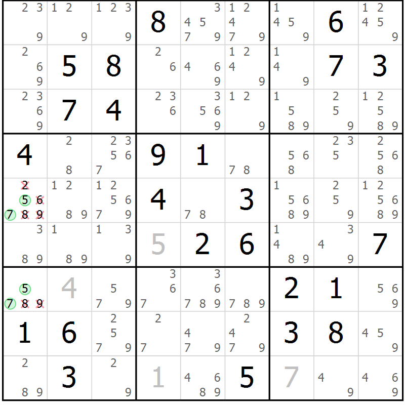 Position des candidats pour la solution de la Gr 80 page 83 du magazine de sudoku Virtuose n° 109