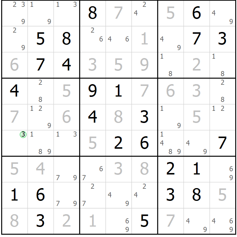 Position des candidats pour la solution de la Gr 80 page 83 du magazine de sudoku Virtuose n° 109