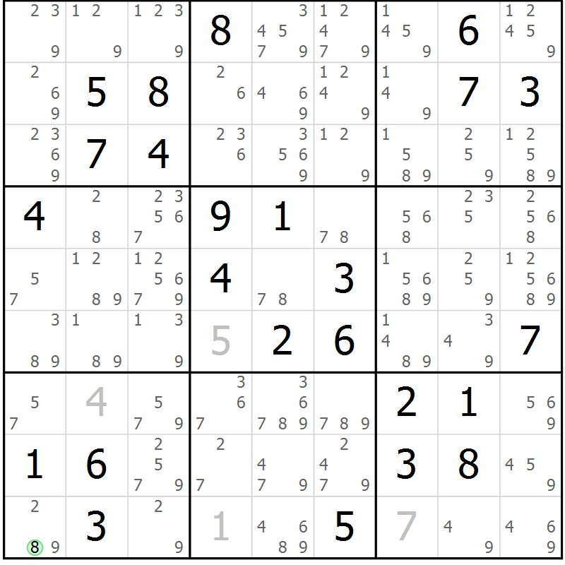 Position des candidats pour la solution de la Gr 80 page 83 du magazine de sudoku Virtuose n° 109