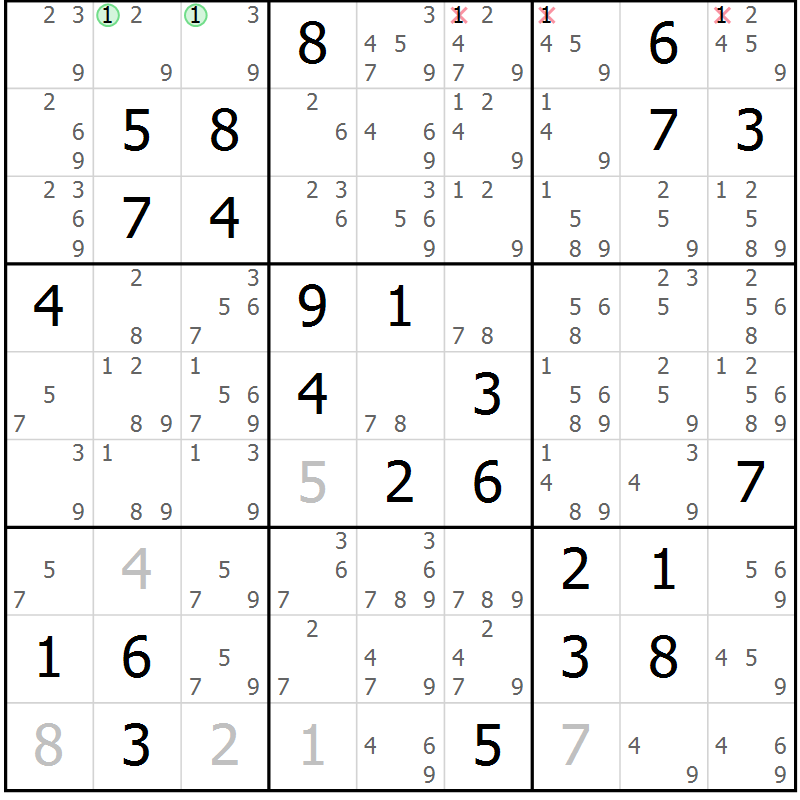 Position des candidats pour la solution de la Gr 80 page 83 du magazine de sudoku Virtuose n° 109