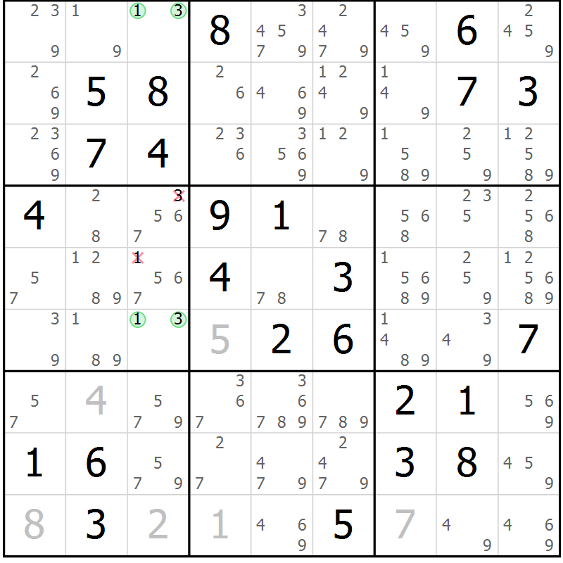 Position des candidats pour la solution de la Gr 80 page 83 du magazine de sudoku Virtuose n° 109