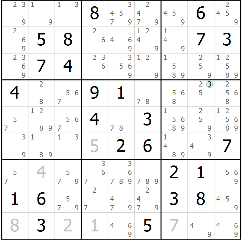 Position des candidats pour la solution de la Gr 80 page 83 du magazine de sudoku Virtuose n° 109