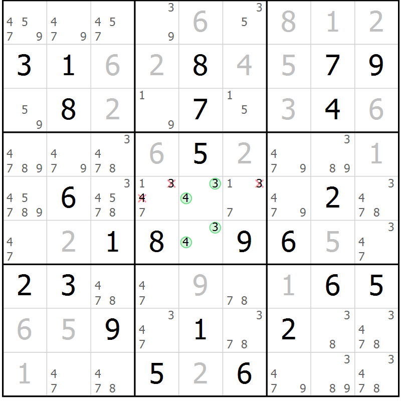 Position des candidats pour la solution de la Gr 81 page 84 du magazine de sudoku Virtuose n° 109