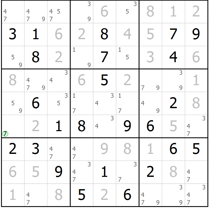 Position des candidats pour la solution de la Gr 81 page 84 du magazine de sudoku Virtuose n° 109