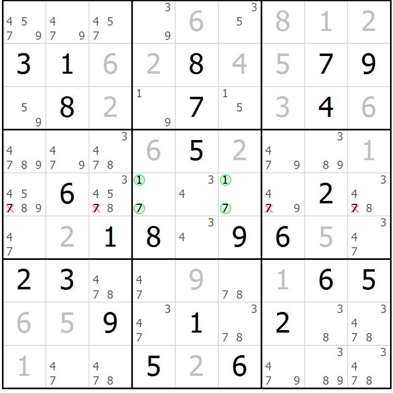 Position des candidats pour la solution de la Gr 81 page 84 du magazine de sudoku Virtuose n° 109