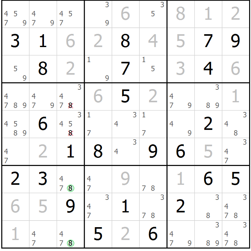 Position des candidats pour la solution de la Gr 81 page 84 du magazine de sudoku Virtuose n° 109