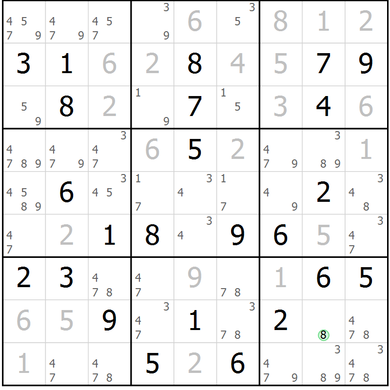 Position des candidats pour la solution de la Gr 81 page 84 du magazine de sudoku Virtuose n° 109