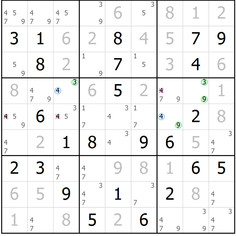 Position des candidats pour la solution de la Gr 81 page 84 du magazine de sudoku Virtuose n° 109